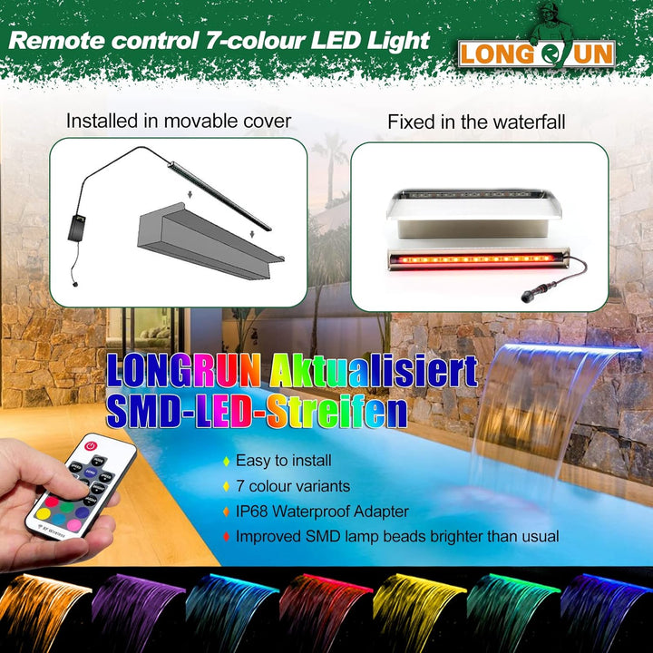 LONGRUN Wasserfall Edelstahl Pool Brunnen, Springbrunnen Garten Wasserfall mit Mehrfarbig LED, Teich