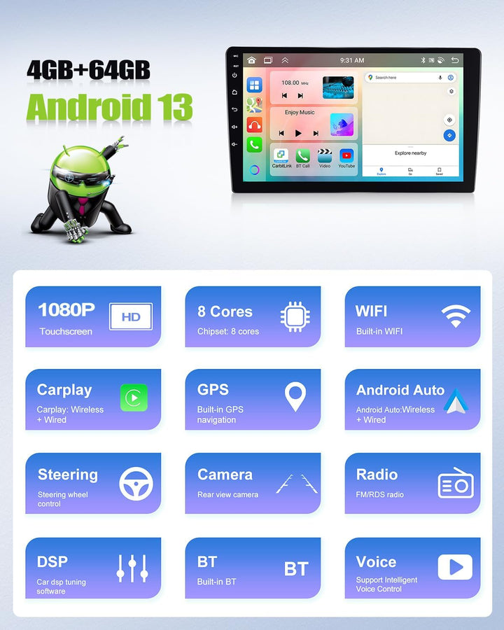 8Core 4G+64G CAEMCHO Android 13 Autoradio fĂŒr Ford Kuga/Escape 2013-2019 mit Navi Carplay Android Au