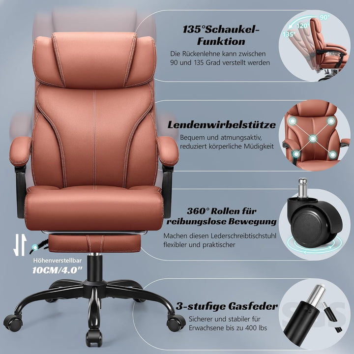 FelixKing Bürostuhl, Schreibtischstuhl Ergonomisch mit Fussstütze, Grosser und hoher Chefsessel, Wip