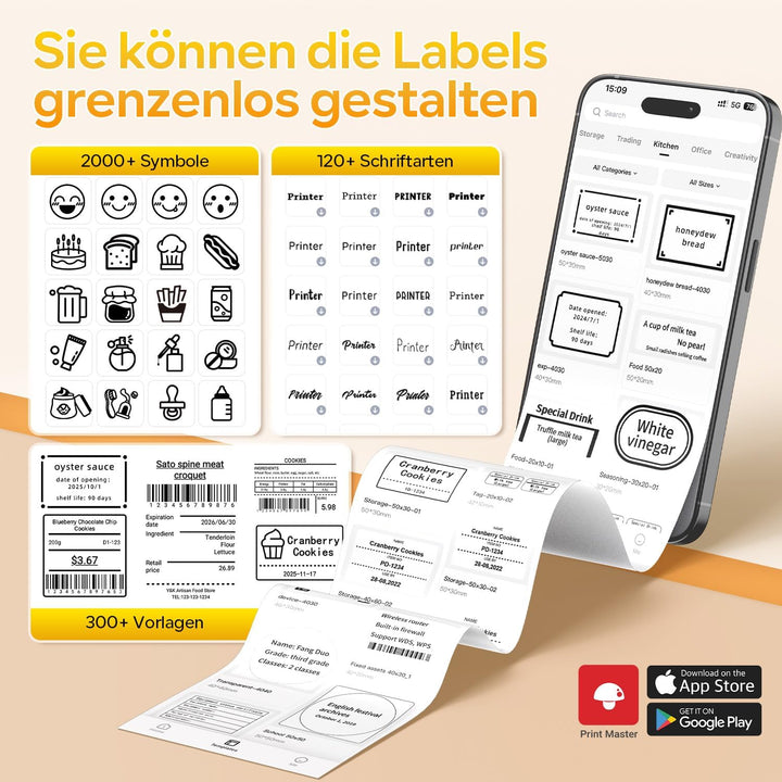 Memoking Etikettendrucker Selbstklebend, Bluetooth Label Printer mit 2000 Symbolen und 300 Vorlagen,