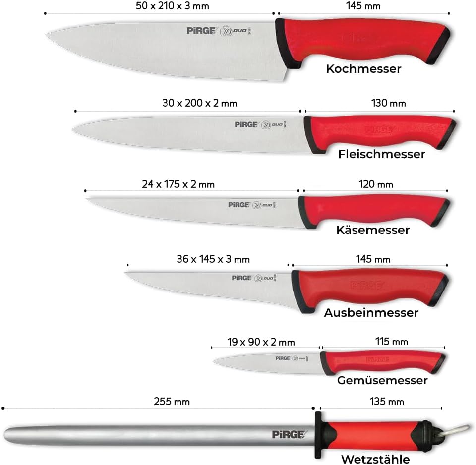 Pirge Duo Profi Messerset mit Tasche 7 Stück - Rutschfester Griff - Profi Kochmesser Set - Edelstahl