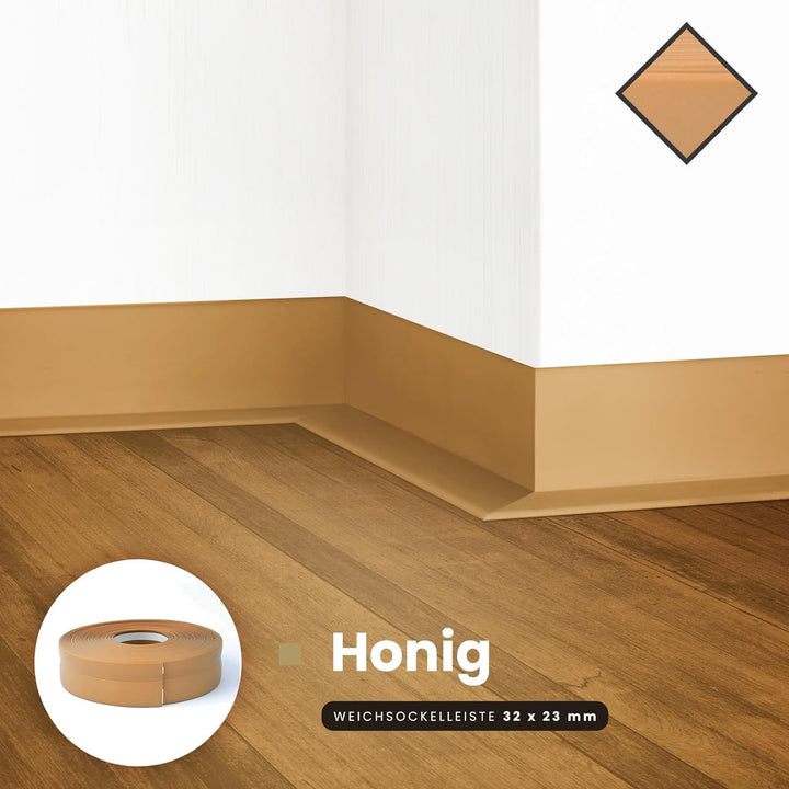 DQ-PP WEICHSOCKELLEISTE | 20m | honig | 32x23mm | PVC | selbstklebend | Knickwinkel Fussleisten Gumm