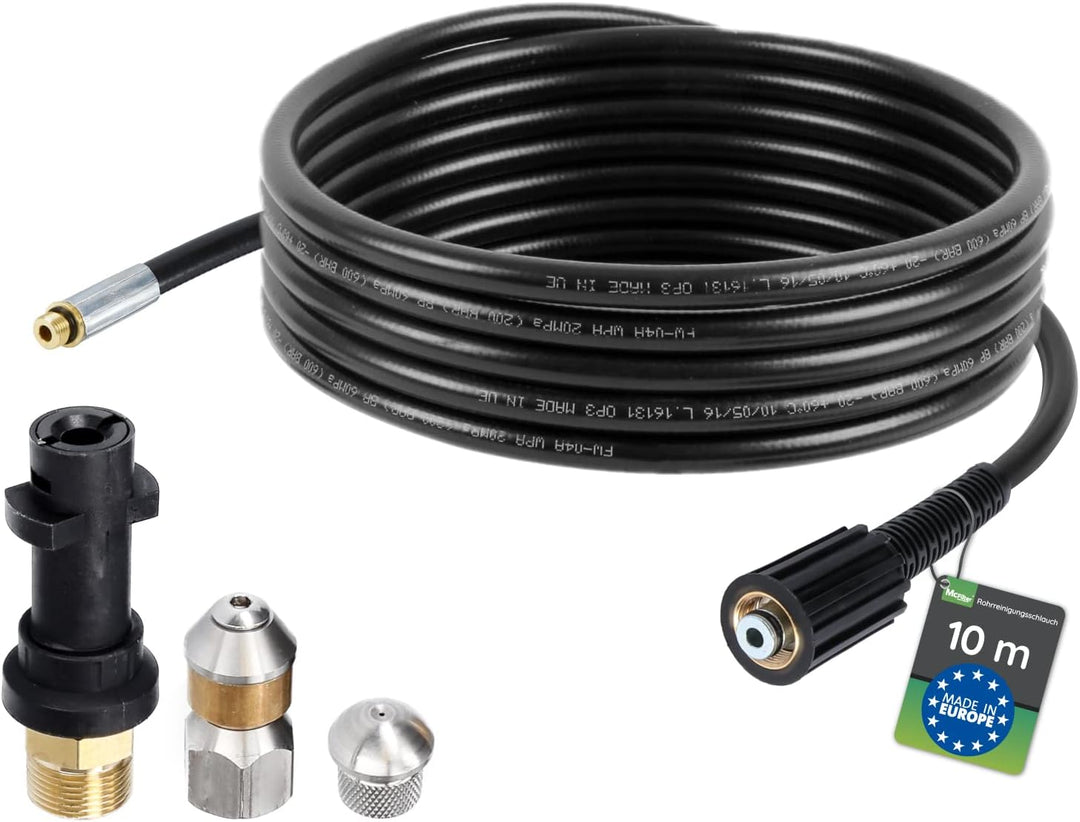 McFilter | Rohrreinigungsschlauch, 10m, 160-200 bar, inkl. Adapter, Düsen starr + rotierend, kompati