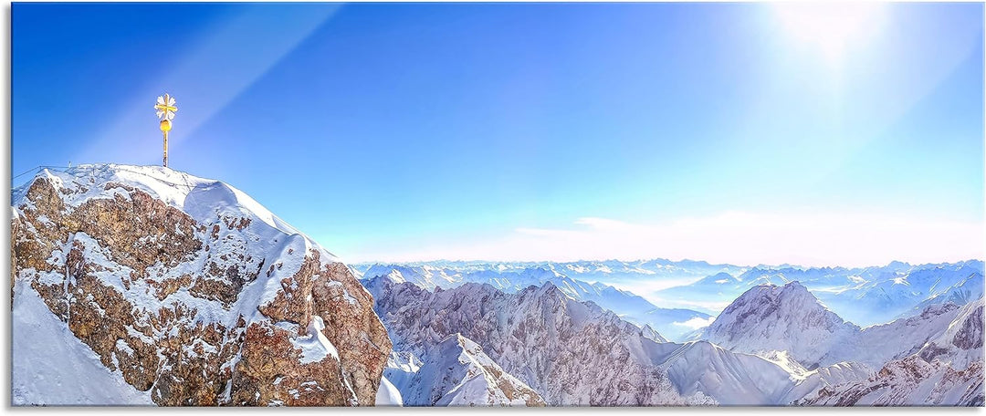 Glasbild Panorama | Wandbild aus Echtglas | Zugspitze im Sonnenlicht | 100x40 cm | inkl. Aufhängung