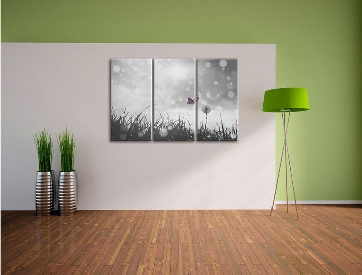 Pixxprint zarter Schmetterling fliegt zu Pusteblume B&W Detail 3-Teiler Leinwandbild 120x80 Bild auf