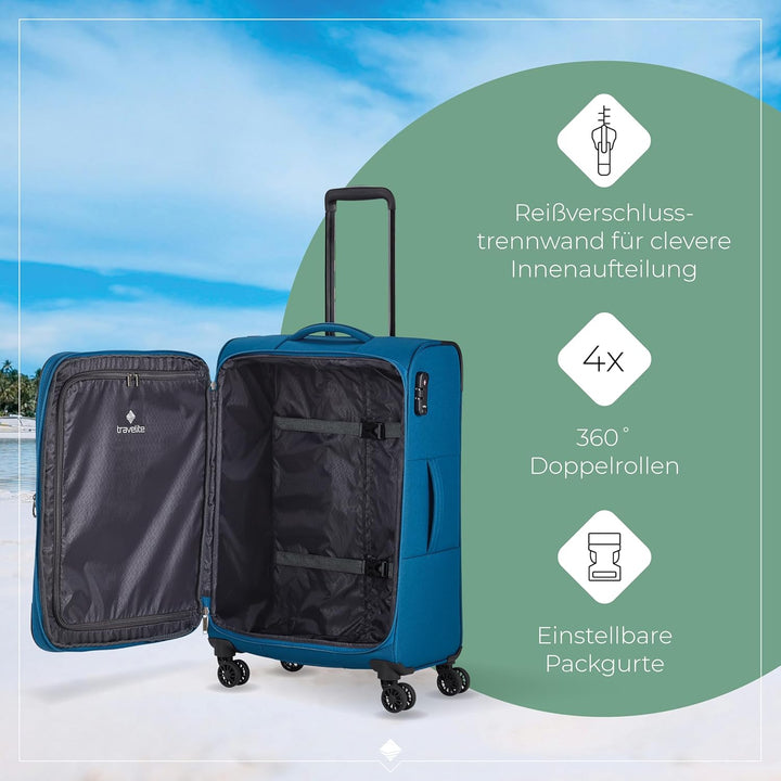 travelite 4-Rad Koffer Grösse M Weichschale, Gepäck Serie CHIOS mit Dehnfalte + Kantenschutz, Trolle