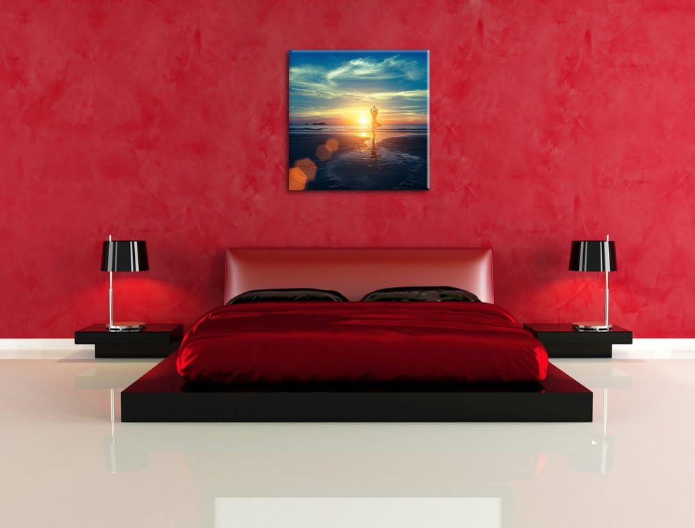 Pixxprint Yoga Silhouette am Strand als Leinwandbild/Grösse: 70x70 cm/Wandbild/Kunstdruck/fertig bes