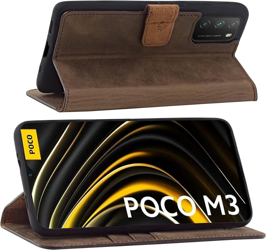Suncase Book-Style Hülle kompatibel mit Xiaomi Poco M3 Leder Tasche (Slim-Fit) Lederhülle Handytasch