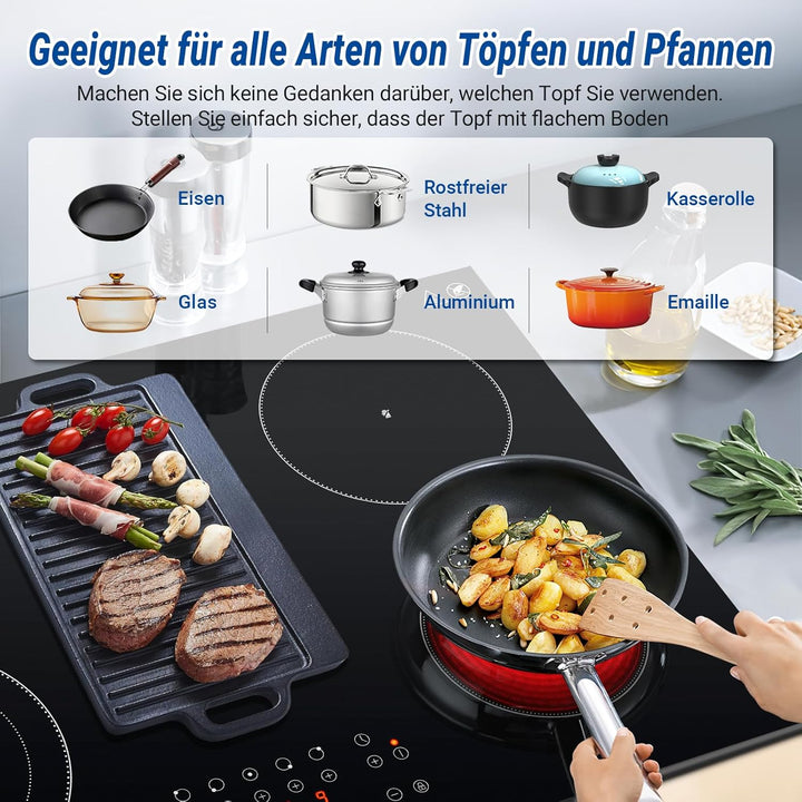 AMZCHEF Glaskeramikkochfeld 5 Zonen, Einbau Keramikkochfeld 77CM mit Ovale Zone und Dreierzone, 9 Le