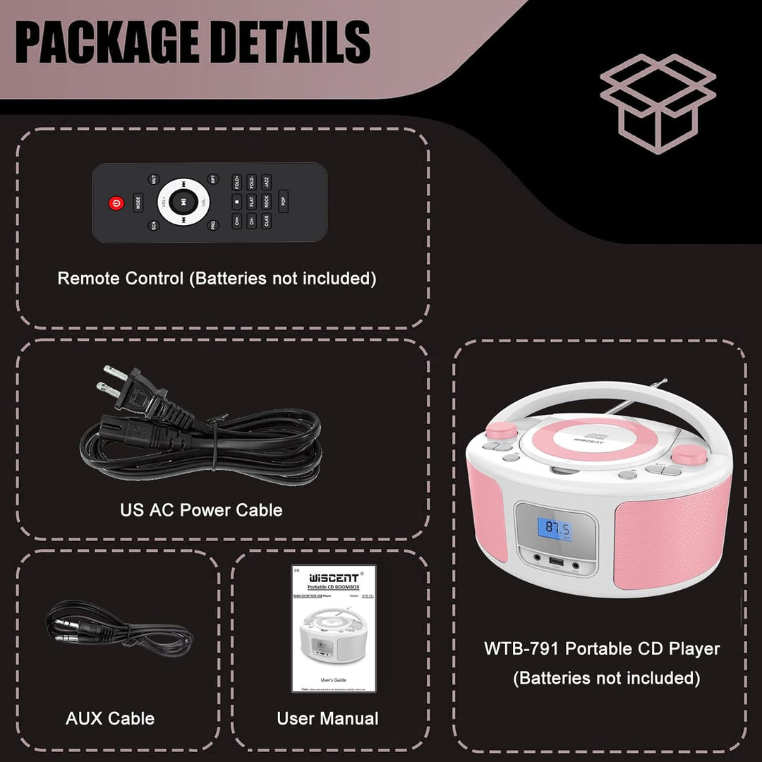 Tragbarer CD-Player Boombox mit Bluetooth | Fernsteuerung | FM-Radio | USB | MP3-Wiedergabe | Kompat