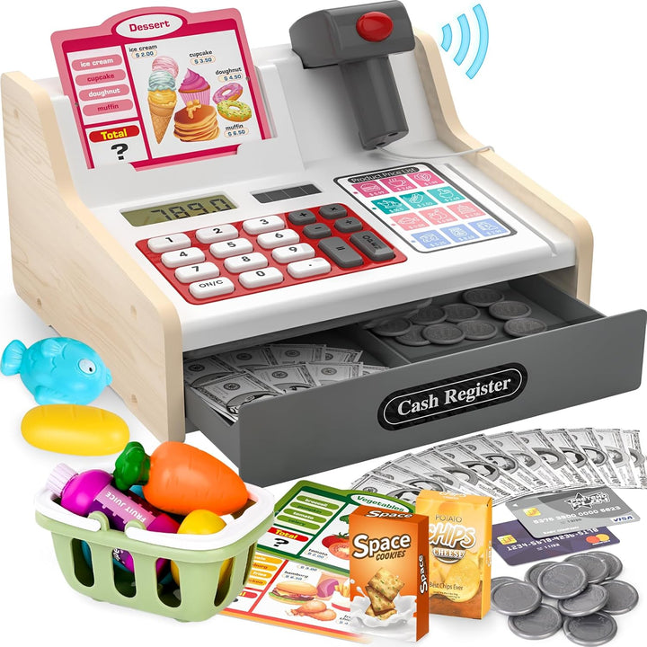 maysida Kinderkasse Holz-Registrierkasse mit Scanner & Sound fĂŒr Kinder 3-5 Jahre, Spielzeug Kasse m