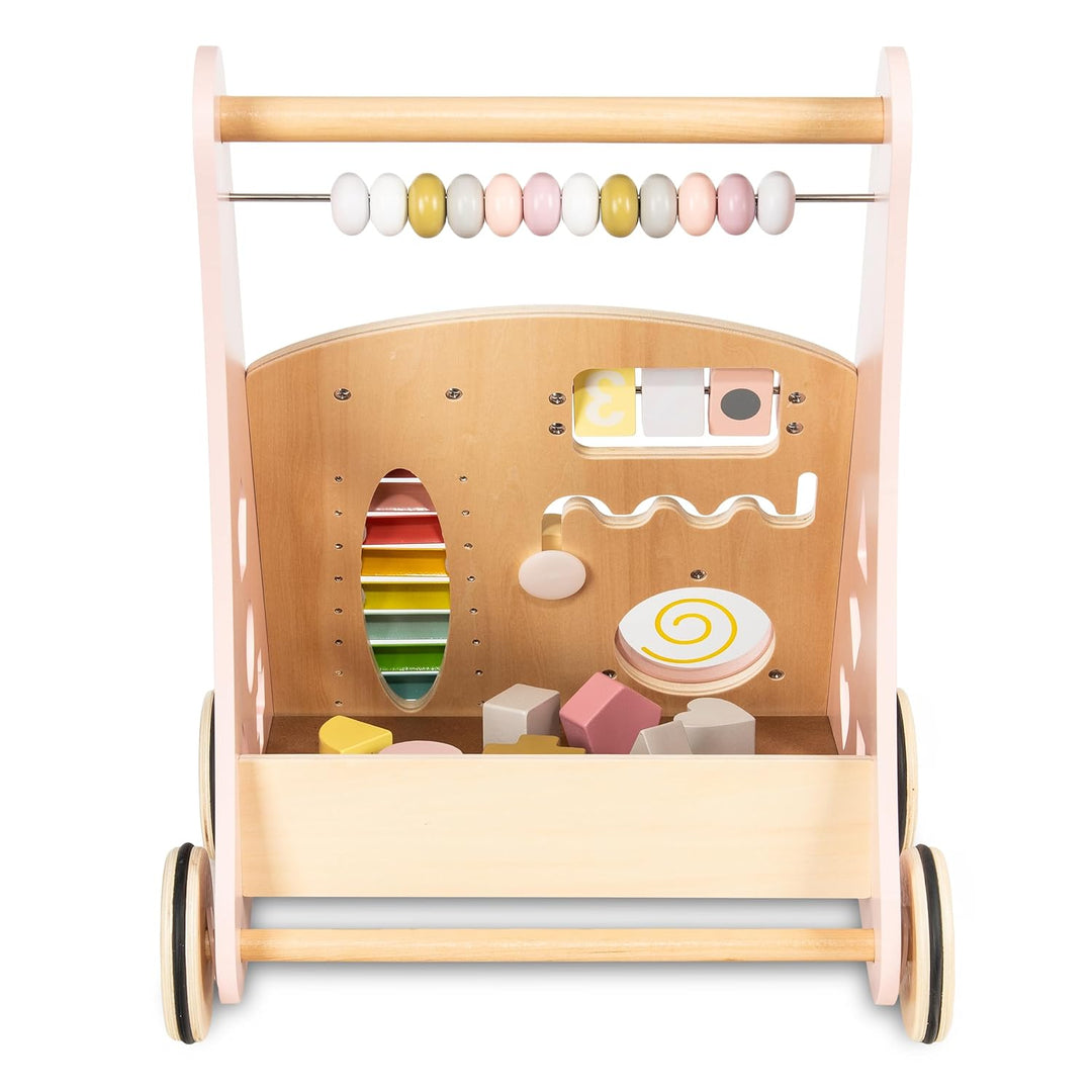 COIL Babywalker Lauflernwagen 3in1, Kinderwagen aus Holz, Lernspielzeug, ab 12 Monaten (Rosa), Rosa