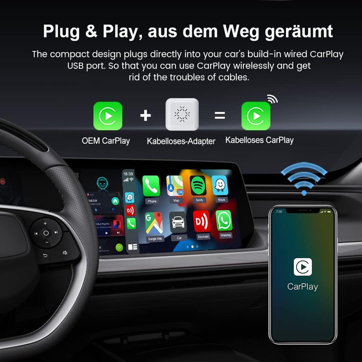 CarlinKit 3.0 Mini Wireless CarPlay Adapter für werkseitig verkabelte CarPlay Autos, kompatibel mit