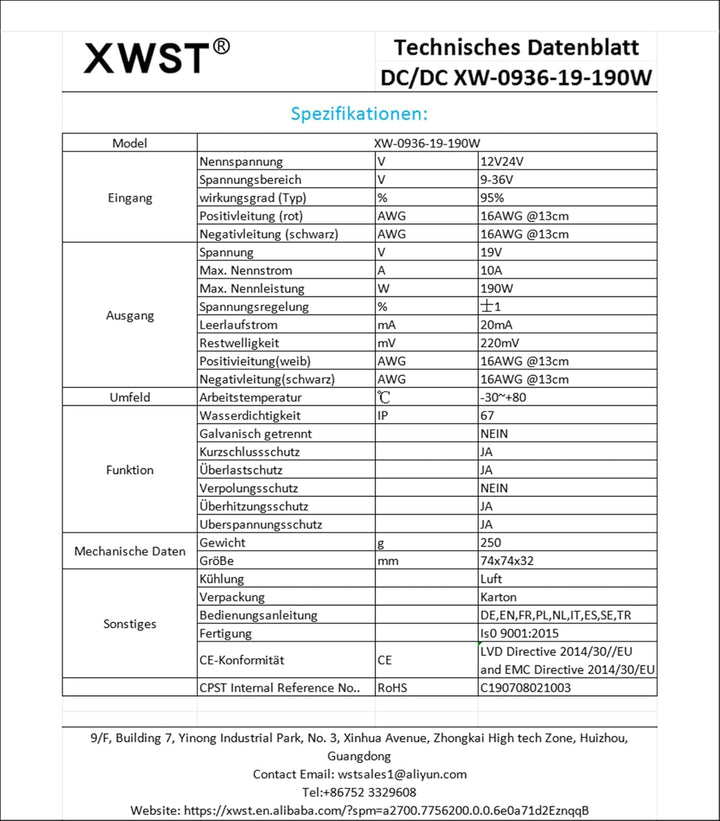 XWST DC 12V24V auf 19V 10A 190W Spannungswandler Auto Netzteil Wandler Konverter Transformator Adapt