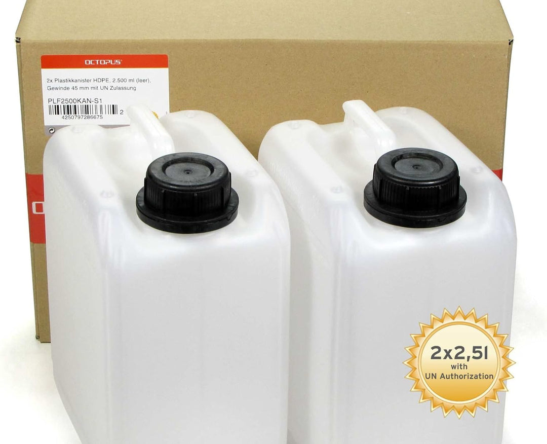 2x 2,5L Kanister aus HDPE, mit Deckel DIN 45 mm und UN Zulassung, Wasserkanister, lebensmittelecht,