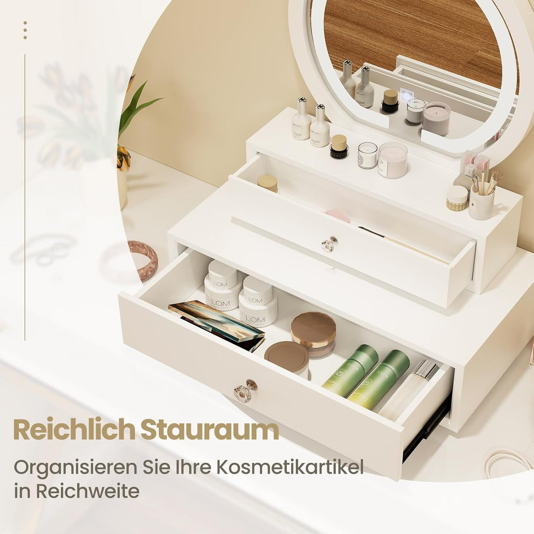 COSTWAY Spiegel mit 2 Schubladen Schminktisch Runder Schminkspiegel Spiegelschrank Frisiertisch Kosm