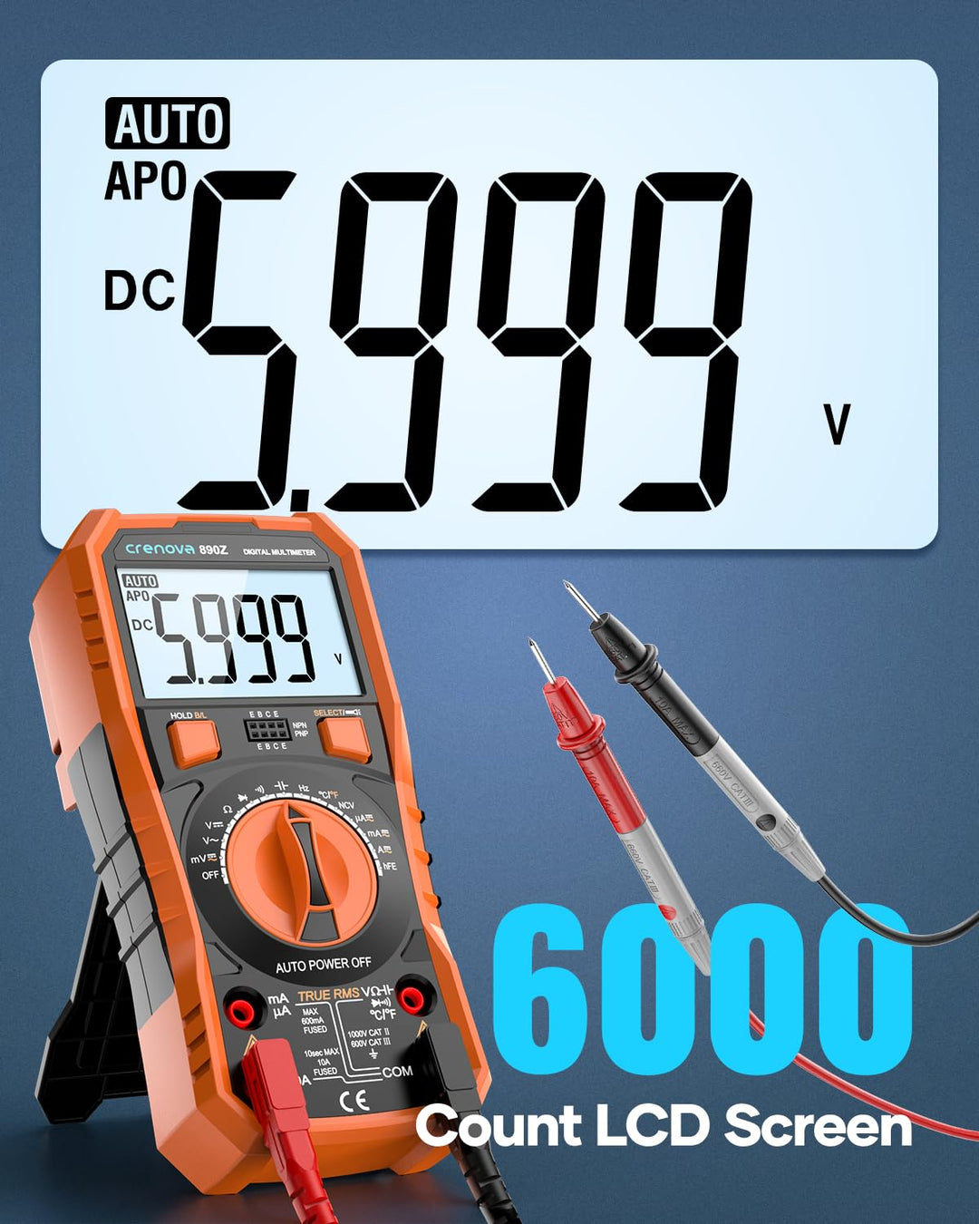 Crenova Digital multimeter, TRMS Voltmeter Ammeter Auto-Range 6000 Zähler Ohmmeter, misst Spannung K