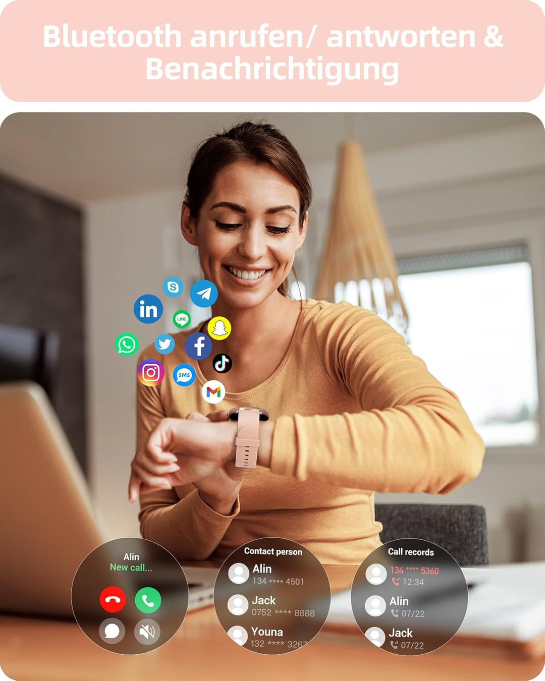 Parsonver Smartwatch Damen mit Telefonfunktion, Fitness-Tracker mit Herzfrequenz Schlafmonitor, 1.32