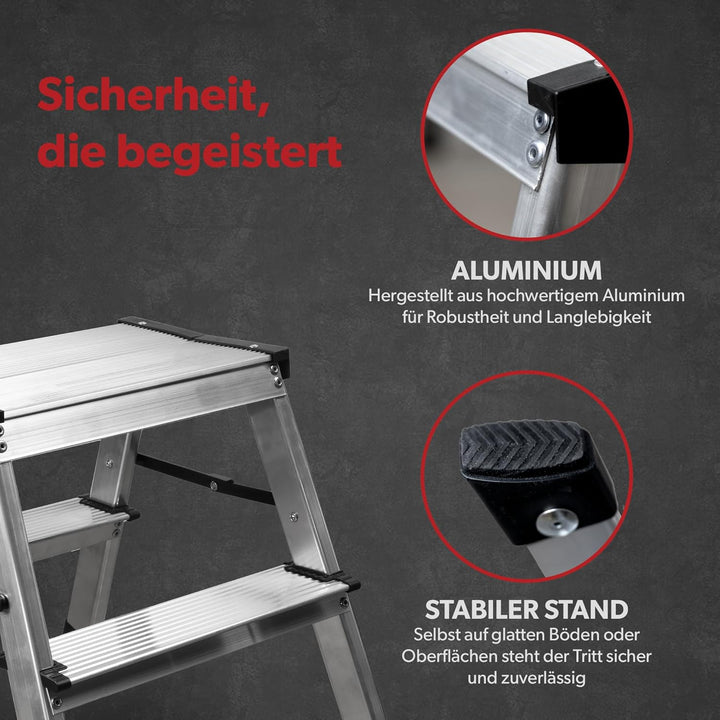 siwitec Alumium-Klapptritt 2 Stufen | Kleine Trittleiter | rutschfeste Standfüsse | 150 kg Traglast