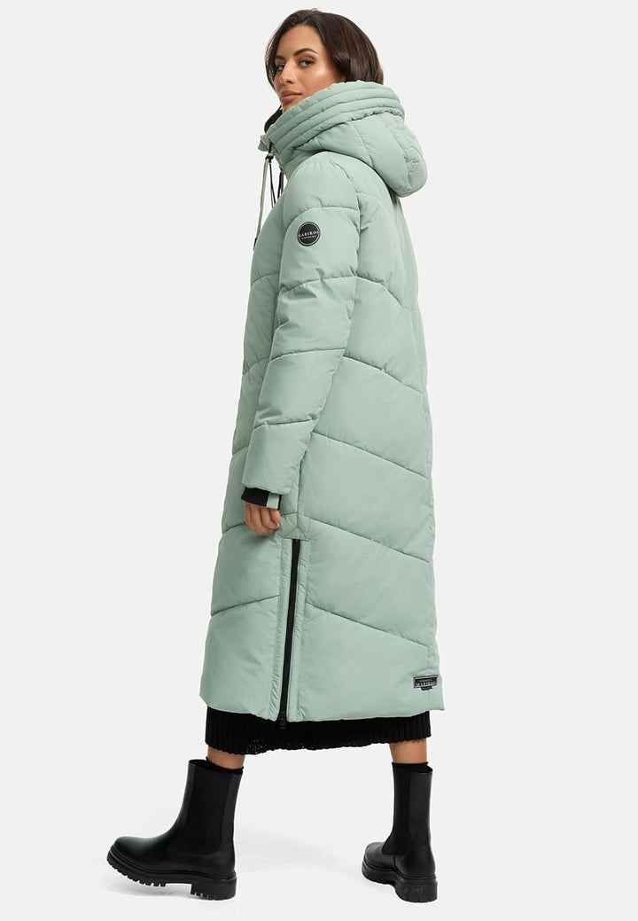 MARIKOO Damen Wintermantel warmer Steppmantel lang mit verstellbarer Kapuze und hohem Kragen Nadaree