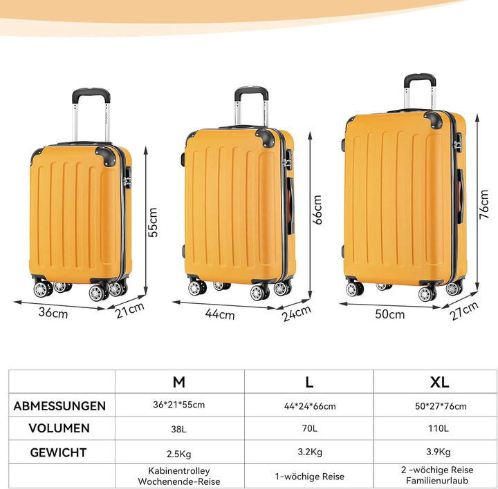 BEIBYE- Hartschalenkoffer Koffer Trolley Rollkoffer Reisekoffer Zahlenschloss 4 Zwilings-Rollen (Ora