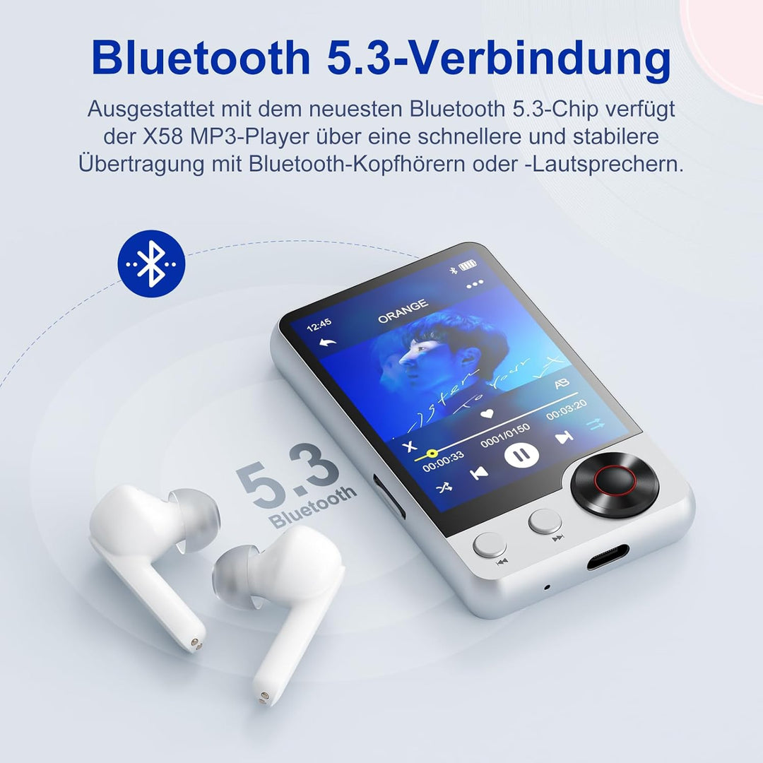 128GB MP3-Player mit Bluetooth 5.3, Verlustfreier HiFi-Musikplayer mit Zwei Kopfhöreranschlüssen, HD