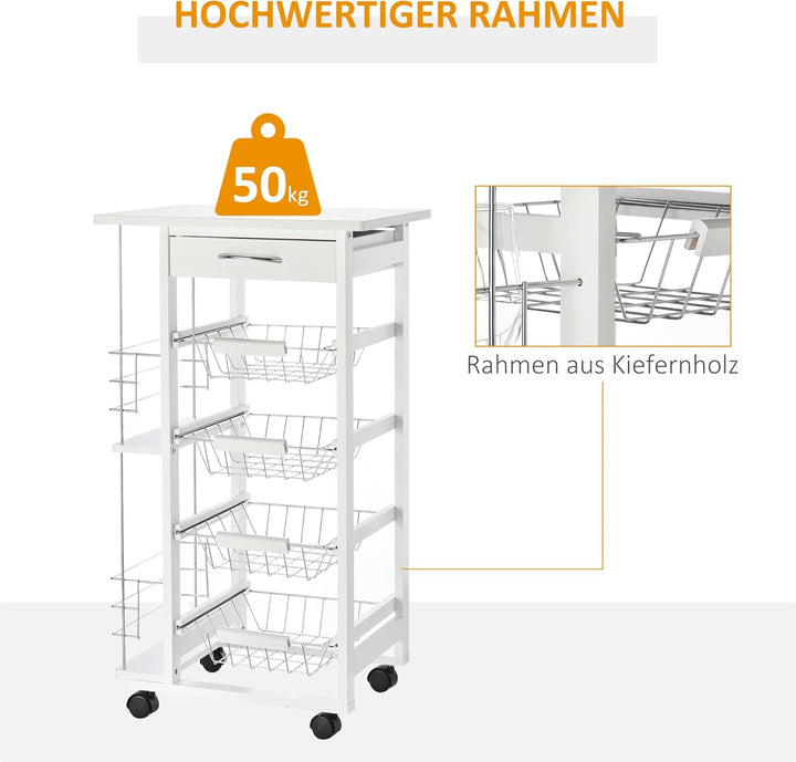HOMCOM Küchenwagen Servierwagen 5 Ebenen mit Schublade Rollwagen Küchenregal mit Rollen Arbeitsplatt