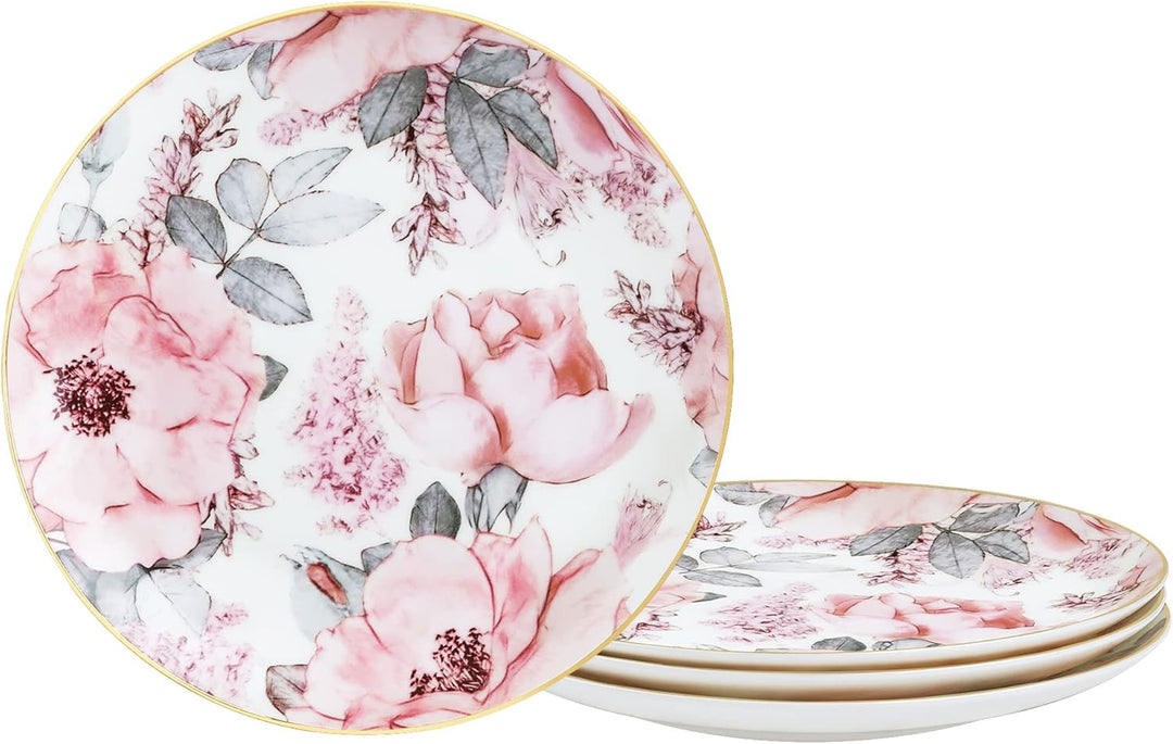 fanquare 20cm Bone China Salatteller mit Goldrand, Pink Floral Pasta Schalen 4er Set, Porzellan Dess