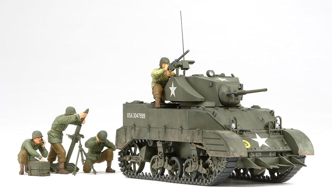Tamiya 300035313 - 1:35 WWII US M5A1 Leicht Panzer mit Mörser (4), grün