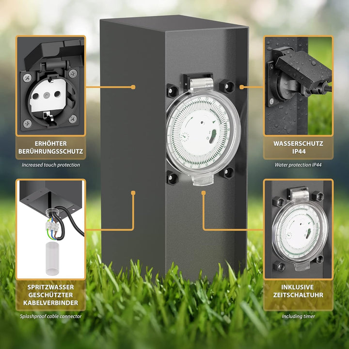 ledscom.de 2X Garten Steckdosensäule POMI für aussen, IP44, Timer/Zeitschaltuhr, 2-Fach, anthrazit,
