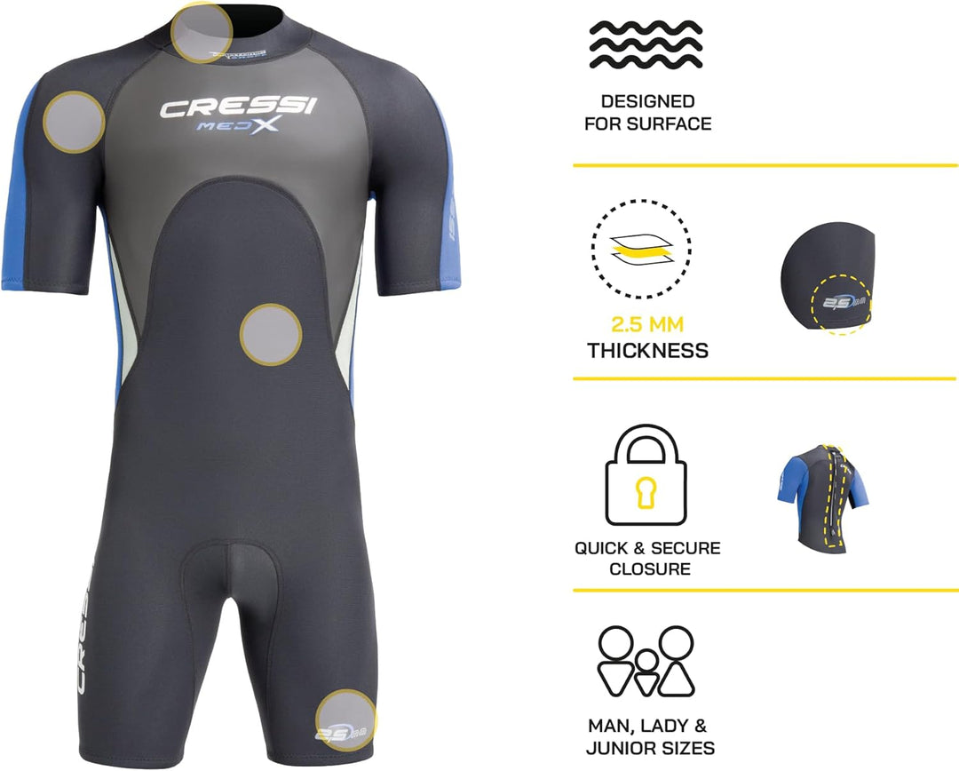 Cressi Med X Men's - Shorty Herren Neoprenanzug Premium Neopren 2.5 mm XXXL/7 Schwarz/Rot/Silber, XX