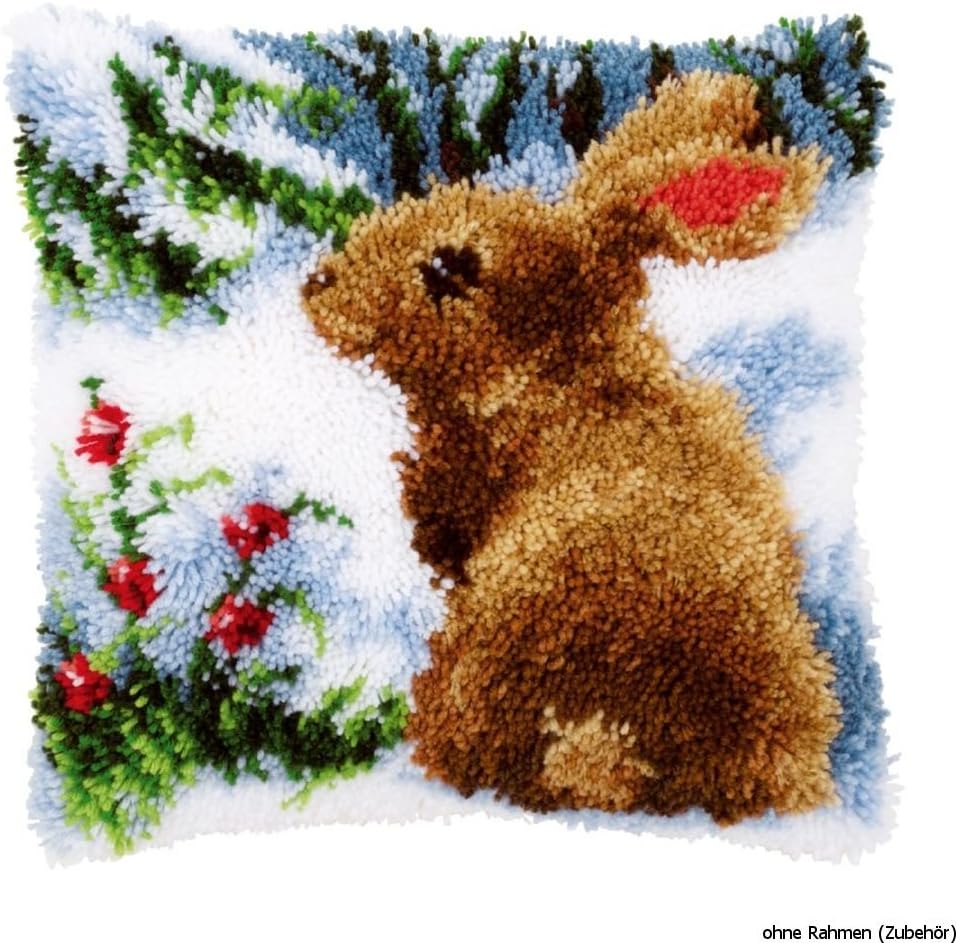 Vervaco Kaninchen im Schnee Knüpfkissen mit Knüpfhaken, Baumwolle, Mehrfarbig, 40 x 40 x 1 cm