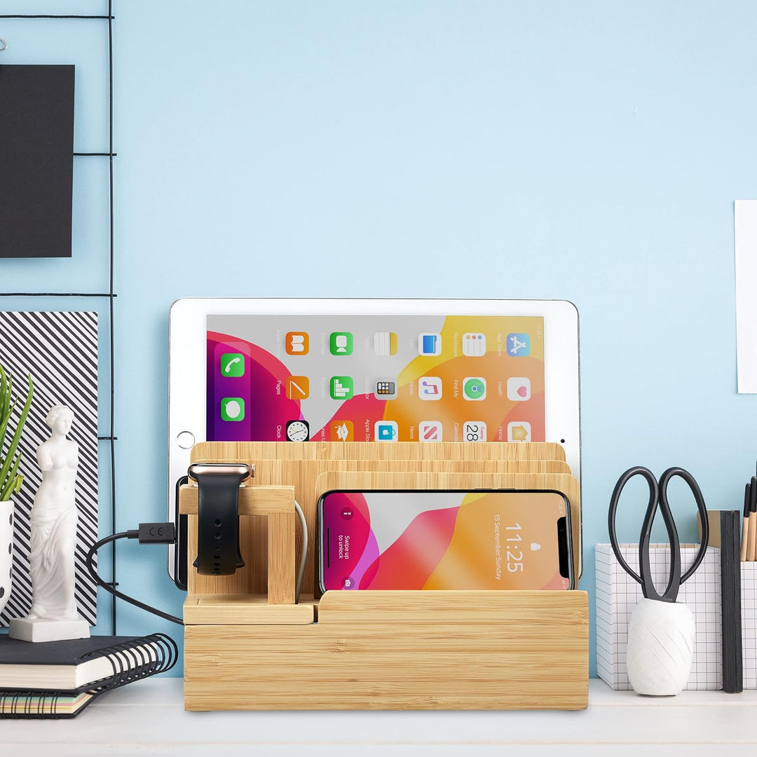 Relaxdays Ladestation, für Apple Watch, Bambus, HxBxT 15 x 21,5 x 15 cm, Handystation, Tablethalter,