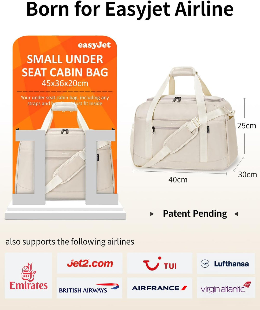 ECOHUB 30L Reisetasche Handgepäck Tasche, Easyjet Handgepäck 45x36x20 mit 14'' Laptop-Fach, Carry On