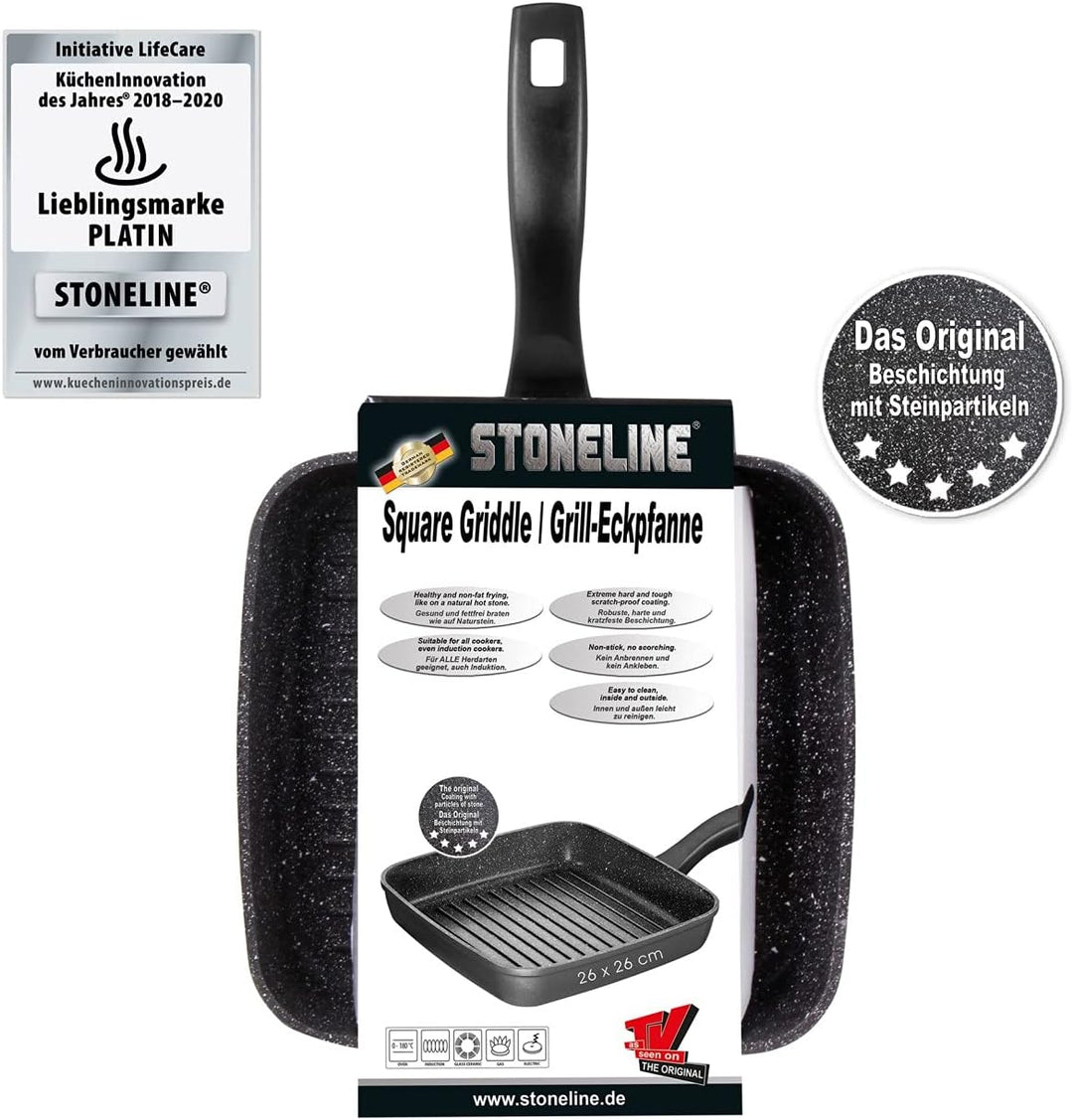 STONELINE Grillpfanne, 26 x 26 cm, Aluguss, Grillpfanne beschichtet mit echten Steinpartikeln, grau,