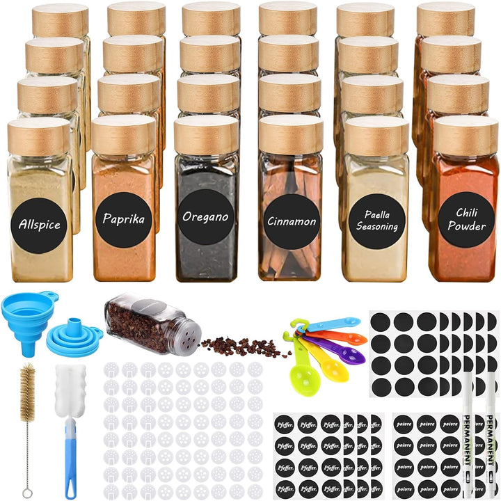 TWBEST Gewürzgläser 24er Set, Gewürzgläser Eckig mit Streueinsatz,120ml Gewürzdosen mit Bambusdeckel