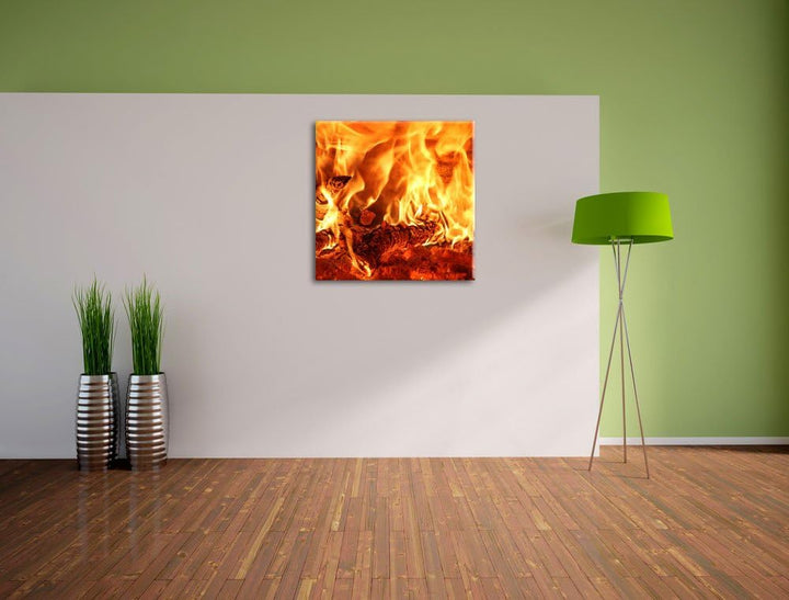 Gemütliches Holz im Feuer, Format: 70x70 auf Leinwand, XXL riesige Bilder fertig gerahmt mit Keilrah