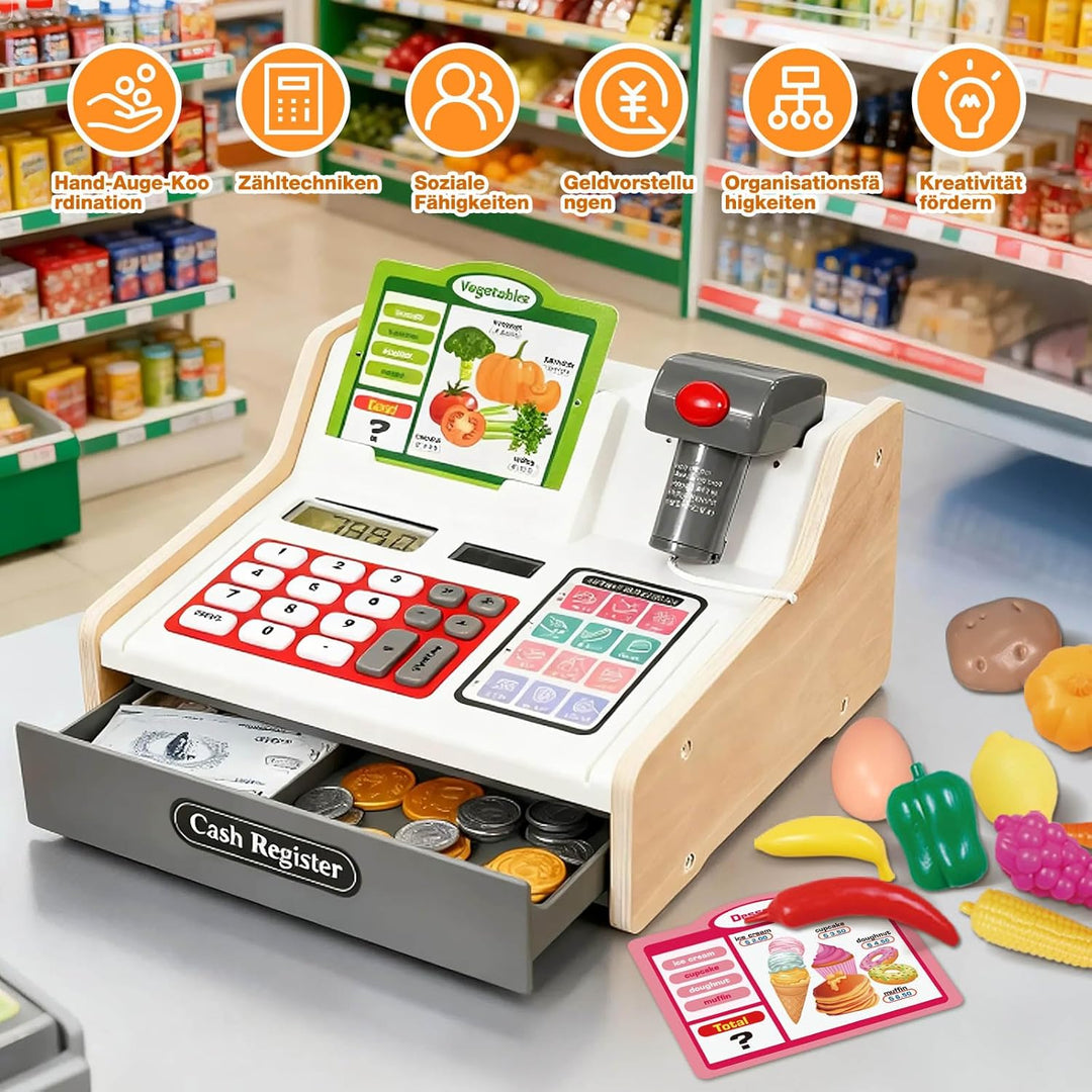 Kasse Kinder Holz mit Scanner und Sound, Spielkasse Kinder Set für Jungen Mädchen ab 3-6 Jahren, Ele