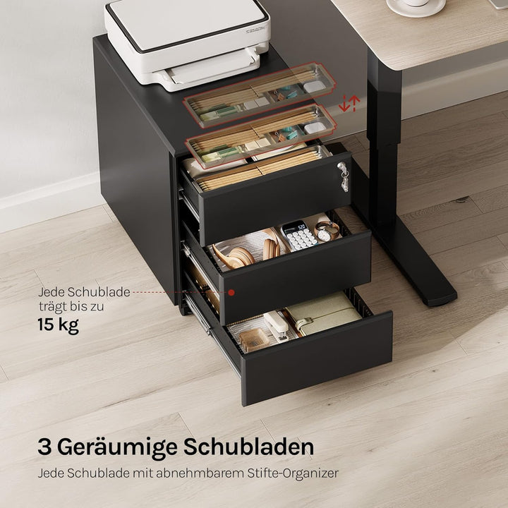 WOLTU Rollcontainer Metall, Mobiler Aktenschrank Büroschrank mit 3 Schubladen Bürocontainer, abschli