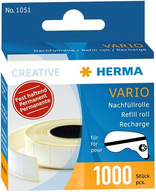 HERMA 10 x Nachfüllrolle für Vario-Klebespender fest haftend 1000 Klebestücke, 1051, weiss, 13x12mm
