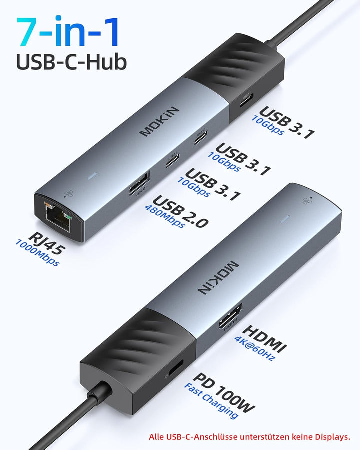 MOKIN USB C HUB, 7 in 1 USB C Adapter mit 4K@60HZ HDMI, Ethernet, 3*USB-C 3.1 Ports und 1*USB-A Date