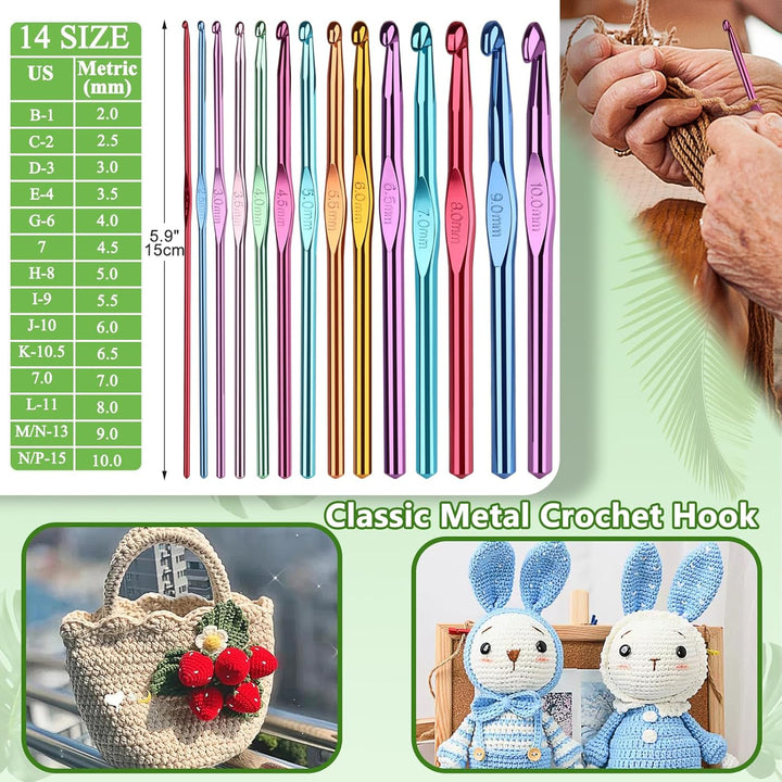 Coopay Häkelnadel Set, Tragbar Häkelset für Anfänger, Bunte Metall Häkelnadel und TPR Häkelnadeln mi