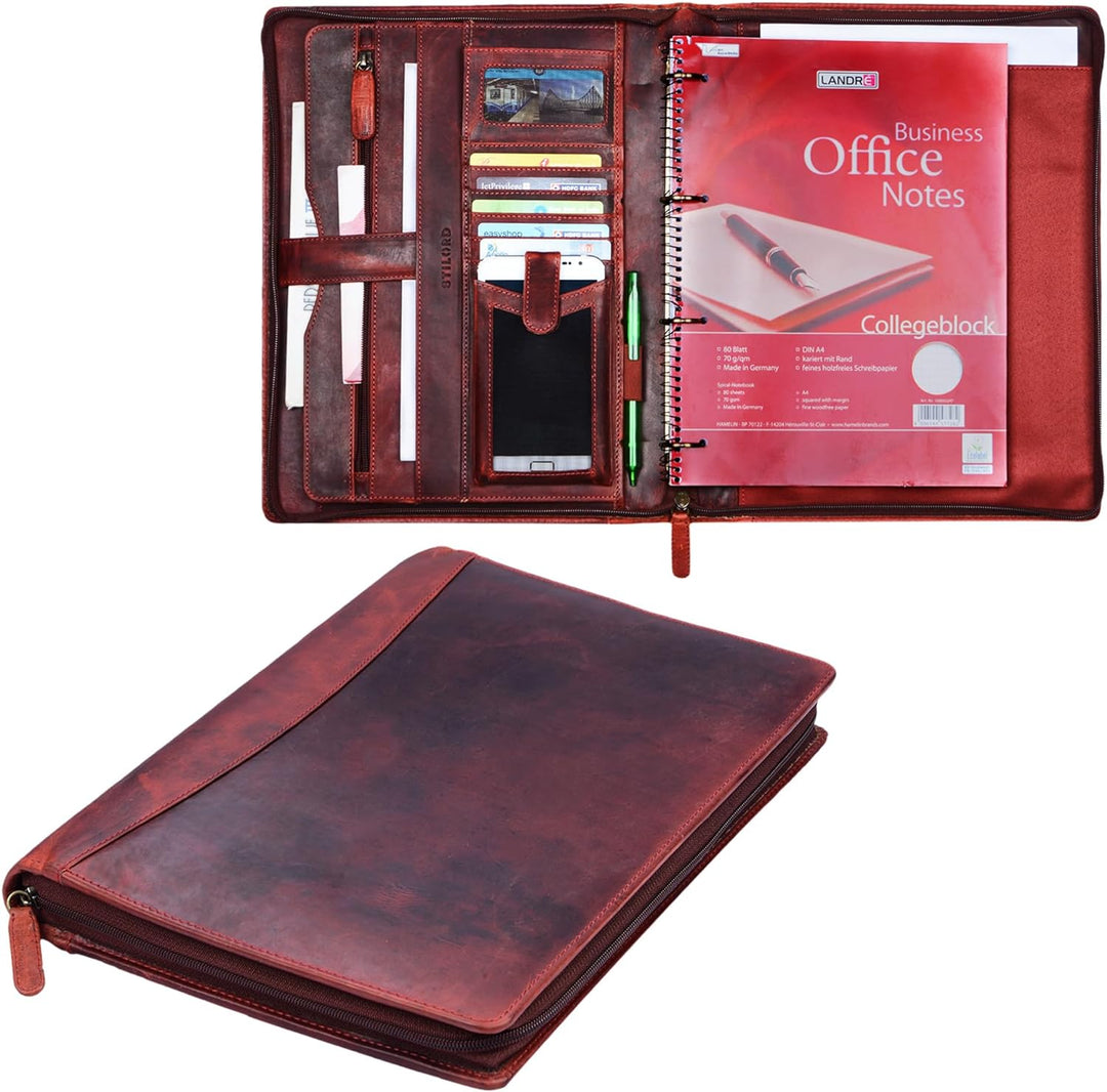 STILORD 'Vincent' Konferenzmappe Leder A4 braun Dokumentenmappe mit Ringmechanik 13,3 Zoll Schreibma