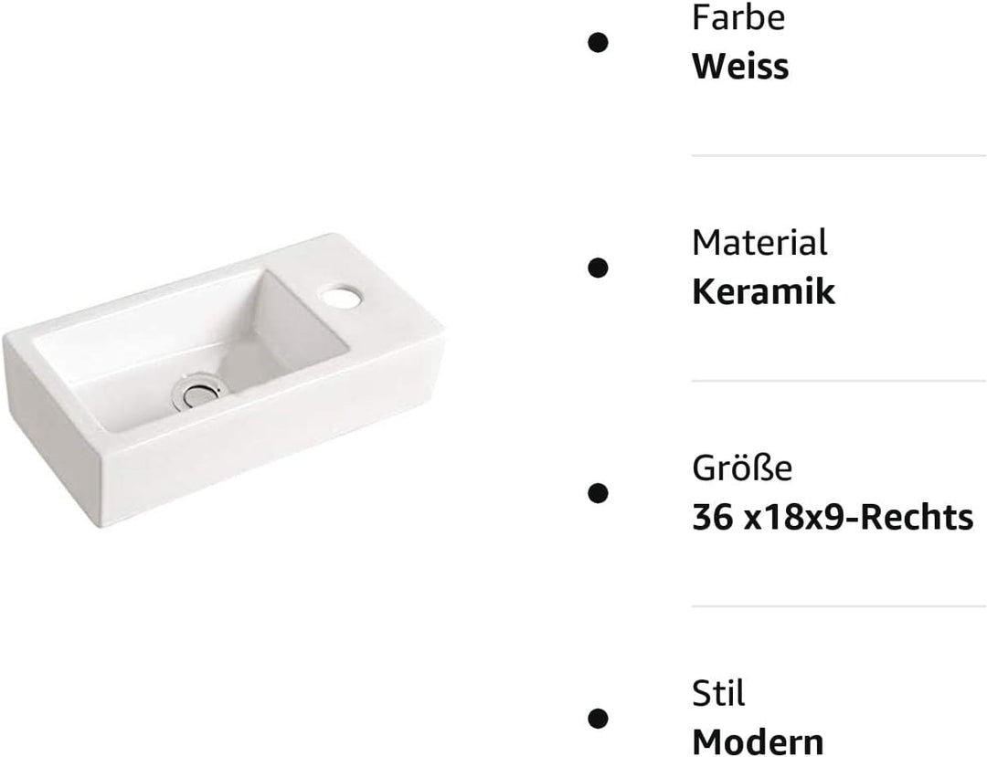 Grünblatt Waschbecken Hänge-Waschtisch mit Lotus Effekt Nano-Beschichtung (36 x18x9-Rechts), 36 x18x