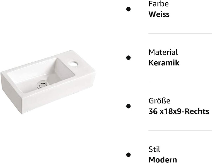 Grünblatt Waschbecken Hänge-Waschtisch mit Lotus Effekt Nano-Beschichtung (36 x18x9-Rechts), 36 x18x
