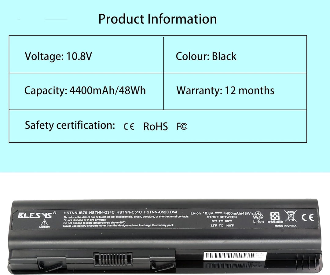 BLESYS Akku für HP Compaq 484170-001 484171-001 484172-001 485041-002 485041-003 Laptop 10.8V/4400mA