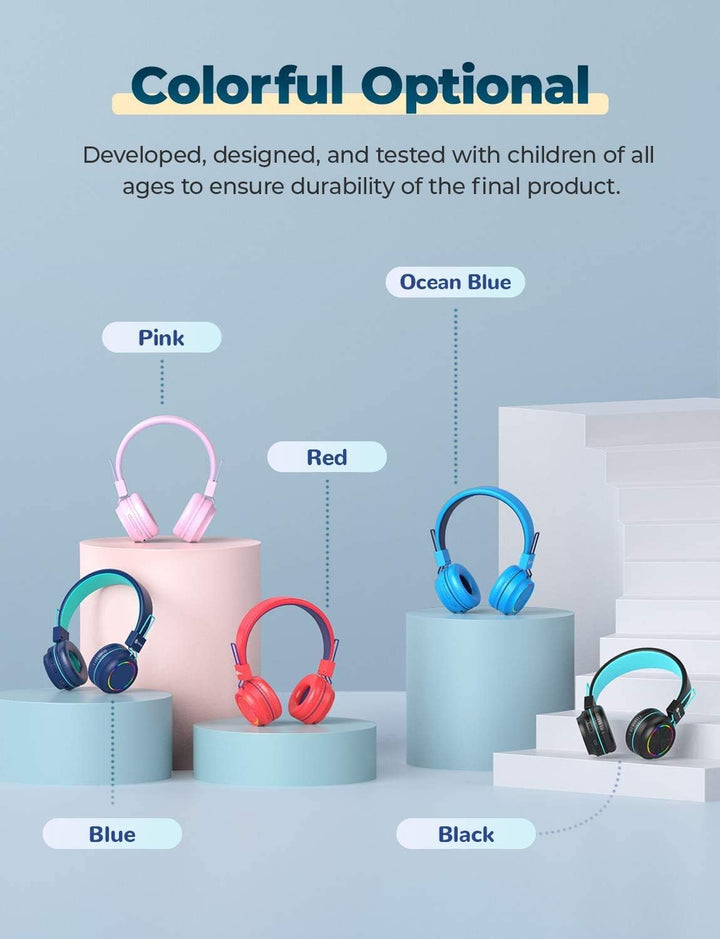 iClever Bluetooth Kinder Kopfhörer, Bunte Lichter LED, 94dB Lautstärkebegrenzung, Faltbare, Einstell