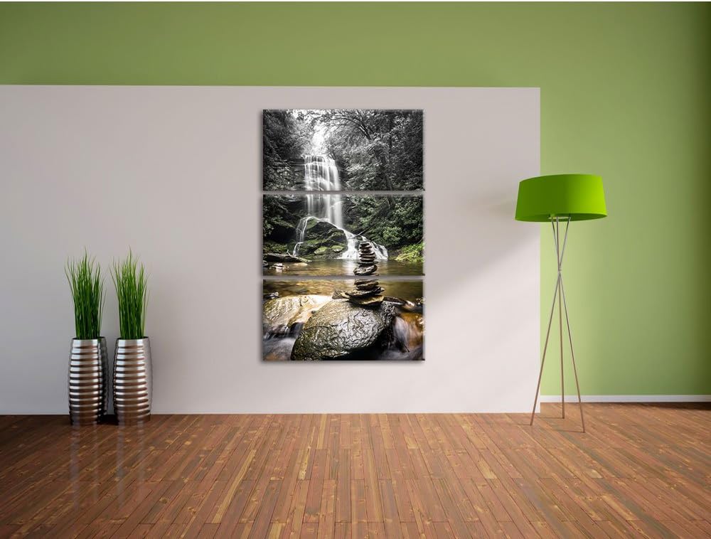 Pixxprint Zen Steine vor Wasserfall B&W Detail 3-Teiler Leinwandbild 120x80 Bild auf Leinwand
