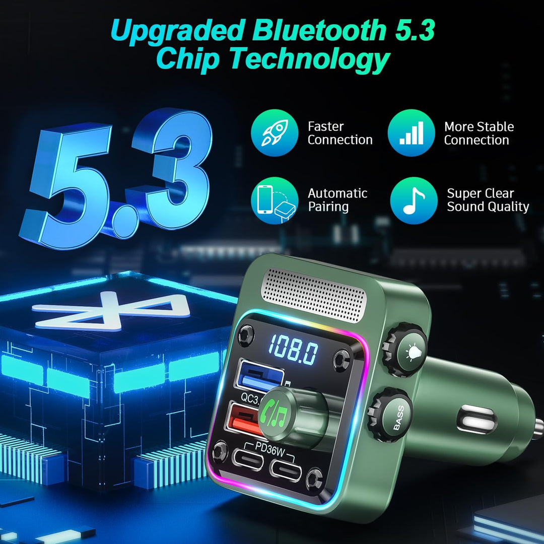 SONRU FM Transmitter Auto Bluetooth 5.3 Adapter Auto, Bass & HiFi Stereo Freisprechanlage für Auto B
