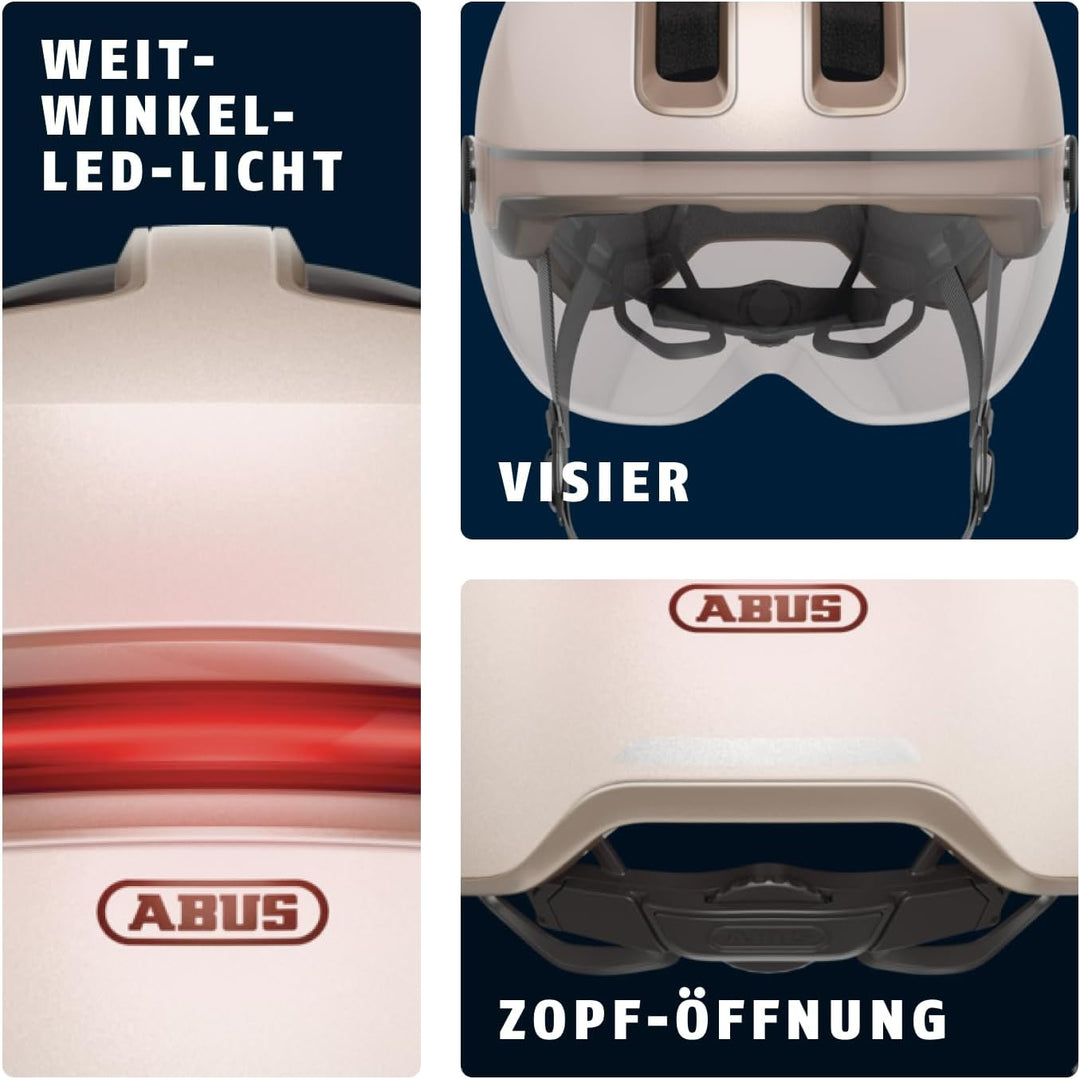 ABUS Stadthelm HUD-Y ACE - stylischer Fahrradhelm mit Visier und magnetischem, aufladbarem LED-Rückl